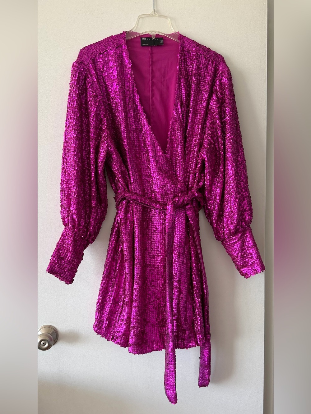 ASOS EDITION Hot Pink Sequin Wrap Mini Dress Puff Long Sleeve Size 12 Like New